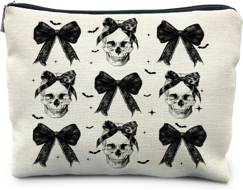 RYYCDOI Coquette Gothic Halloween Makeup Bag, Dark Bow Skull Makeup Bag, Spooky Gifts for Women - Image 1